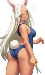 Rule 34 | 1girl, animal ears, ass, back, bare shoulders, blue one-piece swimsuit, boku no hero academia, breasts, clothing cutout, commentary, commission, competition swimsuit, dark-skinned female, dark skin, english commentary, from behind, highres, holding, holding scissors, large breasts, lentiyay, long eyelashes, long hair, looking at viewer, mirko, one-piece swimsuit, parted bangs, rabbit ears, rabbit girl, rabbit tail, red eyes, scissors, smile, solo, sweat, swimsuit, tail, tail through clothes, thighs, toned, twisted torso, white background, white hair
