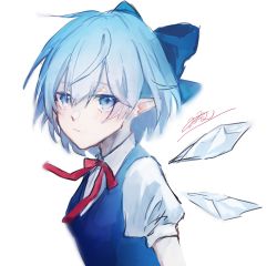 Rule 34 | 1girl, blue bow, blue dress, blue eyes, blue hair, bow, cirno, closed mouth, dress, hair bow, highres, ice, ice wings, looking at viewer, pointy ears, puffy short sleeves, puffy sleeves, red neckwear, red ribbon, ribbon, rokuya (68 zusao), shirt, short hair, short sleeves, simple background, touhou, upper body, white background, white shirt, wings