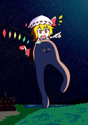 Rule 34 | 1girl, :d, bad anatomy, blonde hair, blue sky, closed eyes, commentary, commission, english commentary, fang, flandre scarlet, flying, gloves, gondola (meme), grass, hat, hat ornament, highres, meme, night, night sky, notice lines, open mouth, pointing, red eyes, red footwear, red skirt, red vest, setz, shirt, shoes, skirt, sky, slit pupils, smile, star (sky), starry sky, touhou, vest, white gloves, white hat, white shirt, wings
