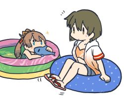 Rule 34 | 10s, 2girls, alternate costume, bare arms, betchan, blue eyes, brown eyes, brown hair, commentary request, hiryuu (kancolle), innertube, kantai collection, kazagumo (kancolle), looking at another, motion lines, multiple girls, partially submerged, ponytail, sandals, short sleeves, side ponytail, simple background, sparkle, swim ring, swimsuit, swimsuit under clothes, white background