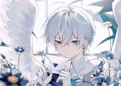 Rule 34 | 1boy, ahoge, angel wings, blue eyes, blue flower, blurry, blurry background, blurry foreground, closed mouth, collared shirt, depth of field, ear piercing, earrings, expressionless, feathered wings, flower, gloves, hair between eyes, half gloves, heart, heridy, highres, holding, holding letter, jewelry, letter, male focus, neck tattoo, original, piercing, portrait, shirt, short hair, solo, stud earrings, sunlight, tattoo, white flower, white gloves, white hair, white shirt, wings