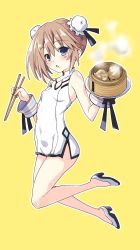 Rule 34 | 1girl, bare shoulders, blanc (neptunia), blue eyes, blush, breasts, brown hair, china dress, chinese clothes, chopsticks, dress, food, full body, holding, holding chopsticks, iwashi dorobou -r-, looking at viewer, neptune (series), open mouth, popsicle, short hair, simple background, small breasts, solo, yellow background