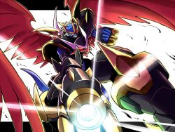 Rule 34 | 1boy, arm cannon, armor, bandai, digimon, energy, full armor, horns, imperialdramon, imperialdramon fighter mode, male focus, monster, no humans, red eyes, solo, tail, weapon, wings