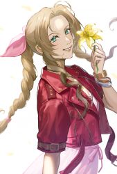 Rule 34 | 1girl, aerith gainsborough, bow, braid, brown hair, dress, final fantasy, final fantasy vii, final fantasy vii remake, flower, green eyes, hair bow, highres, holding, holding flower, jacket, lily (flower), looking at viewer, nshi, pink dress, red jacket, sidelocks, simple background, single braid, smile, solo, teeth, white background