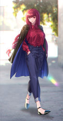 Rule 34 | absurdres, black jacket, blouse, blue pants, blue skirt, breasts, collared shirt, contemporary, fate/grand order, fate (series), highres, jacket, large breasts, long hair, looking at viewer, pants, purple hair, red eyes, red shirt, scathach (fate), shijie jianfa, shirt, shoes, skirt, solo, very long hair