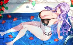 Rule 34 | 1girl, alternate costume, bikini, black bikini, breasts, camilla (fire emblem), cleavage, cocktail, cocktail glass, commission, cup, drinking glass, fire emblem, fire emblem fates, flower, flower request, full body, gleam, gotou fundoshi, hair over one eye, huge breasts, leaf, long hair, looking at viewer, navel, nintendo, o-ring, o-ring top, outdoors, pool, purple eyes, purple hair, red flower, sidelocks, sitting, skeb commission, smile, solo, swimsuit, water, wavy hair