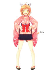 Rule 34 | 1girl, :d, animal ear fluff, animal ears, black skirt, blush, brown eyes, cat ears, cat tail, hands on own hips, highres, japanese clothes, kimono, looking at viewer, open mouth, orange hair, original, pink kimono, sandals, short hair, simple background, skirt, smile, solo, standing, straight-on, tachi-e, tail, tsumuji (kazekirikengo), white background, wide sleeves