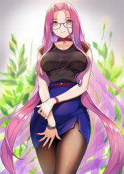 Rule 34 | 1girl, black pantyhose, black shirt, blue skirt, bracelet, breasts, collar, commentary request, doushimasho, fate/stay night, fate (series), glasses, highres, jewelry, large breasts, long hair, medusa (fate), medusa (rider) (fate), miniskirt, nail polish, office lady, pantyhose, parted bangs, parted lips, pencil skirt, pink eyes, plant, purple hair, purple nails, red collar, shirt, short sleeves, skirt, square pupils, very long hair