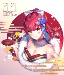 Rule 34 | 1girl, 2021, absurdres, alcohol, blush, breasts, cleavage, cup, floral background, flower, fur scarf, hair flower, hair ornament, hair ribbon, happy new year, heterochromia, highres, hololive, houshou marine, japanese clothes, kimono, large breasts, licking lips, looking at viewer, medium hair, new year, ponytail, red eyes, red hair, rei (rei&#039;s room), ribbon, sakazuki, sake, solo, tongue, tongue out, upper body, virtual youtuber, white ribbon, yellow eyes