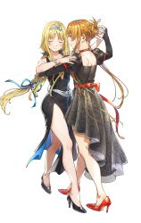 Rule 34 | 2girls, absurdres, alice zuberg, asuna (sao), bare legs, bare shoulders, black dress, black footwear, blonde hair, blue nails, blue ribbon, bomhat, bracelet, braid, braided bun, braided ponytail, character request, check character, choker, closed eyes, closed mouth, commentary, couple, dancing, dress, floating hair, floral print, folded hair, french braid, full body, hair bun, hair ribbon, hairband, hand on another&#039;s shoulder, hand up, high heels, highres, holding hands, jewelry, juliet sleeves, long hair, long sleeves, looking at another, multiple girls, nail polish, orange hair, print dress, profile, puffy sleeves, red footwear, red ribbon, ribbon, sash, side slit, sidelocks, simple background, single braid, sleeveless, sleeveless dress, smile, standing, standing on one leg, stiletto heels, sword art online, two-sided fabric, updo, very long hair, white background, white footwear, yuri