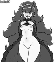 Rule 34 | 1girl, 2017, @ @, ahoge, artist name, breasts, clothes lift, creatures (company), dated, dress, dress lift, female focus, female pubic hair, game freak, greyscale, hairband, hands on own chest, hands up, hex maniac (pokemon), lifting own clothes, long hair, long sleeves, looking at viewer, medium breasts, monochrome, navel, nintendo, nipples, npc trainer, pokemon, pokemon xy, pubic hair, pussy, revtilian, simple background, smile, solo, standing, text focus, uncensored, watermark, white background
