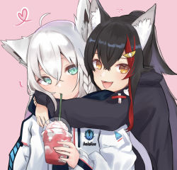 Rule 34 | 2girls, ^^^, ahoge, animal ear fluff, animal ears, black hair, black jacket, braid, commentary request, cup, drinking, drinking straw, fox ears, fox girl, green eyes, hair between eyes, hair ornament, hairclip, heart, hitachi sou, holding, holding cup, hololive, hololive gamers, hug, hug from behind, jacket, long hair, long sleeves, looking at viewer, multicolored hair, multiple girls, ookami mio, ookami mio (casual), open mouth, red hair, shirakami fubuki, sidelocks, single braid, two-tone hair, virtual youtuber, white hair, white jacket, wolf ears, wolf girl, yellow eyes