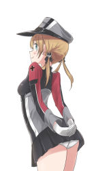 Rule 34 | 10s, 1girl, anchor hair ornament, arms behind back, ass, bad id, bad pixiv id, black ribbon, black skirt, blonde hair, blue eyes, blush, cowboy shot, cross, gloves, hair ornament, hair ribbon, hat, interlocked fingers, iron cross, kantai collection, long hair, long sleeves, military, military uniform, miniskirt, moo (47127653), panties, peaked cap, pleated skirt, prinz eugen (kancolle), ribbon, simple background, skirt, smile, solo, twintails, underwear, uniform, white background, white gloves, white panties