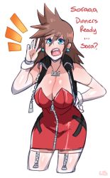 Rule 34 | 1girl, bare shoulders, black vest, blue eyes, breasts, brown hair, cleavage, cowboy shot, cropped legs, curvy, detached sleeves, dress, earrings, english text, hand on own hip, highres, jacket, jewelry, kingdom hearts, large breasts, lightsource, lipstick, long hair, makeup, mature female, no bra, pendant, red dress, short dress, simple background, solo, sora&#039;s mother (kingdom hearts), spiked hair, standing, strapless, strapless dress, thighhighs, vest, white background, white sleeves, zettai ryouiki, zipper legwear, zipper pull tab
