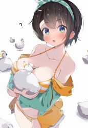 Rule 34 | :o, ?, absurdres, animal, aqua eyes, bare shoulders, bikini, bird, blush, bow, breast pillow, breasts, brown hair, cleavage, collarbone, duck, from above, hair bow, hairband, highres, holding, holding animal, hololive, hood, hoodie, kuno (kc9s), large breasts, looking at viewer, oozora subaru, oozora subaru (hololive summer 2019), open clothes, open hoodie, open mouth, short hair, simple background, skindentation, striped bikini, striped clothes, subaru duck, sweat, swimsuit, virtual youtuber, white background