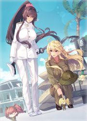 Rule 34 | &gt; &lt;, 0 0, 5girls, alternate costume, anti-aircraft, anti-aircraft gun, artist name, atlanta (kancolle), beige pants, beige shirt, black neckwear, blonde hair, blue eyes, breasts, brown eyes, brown footwear, brown hair, cherry blossoms, clothing request, collared shirt, dated, fletcher (kancolle), frown, gambier bay (kancolle), gloves, hair intakes, hat, high ponytail, highres, himeyamato, holding, holding weapon, iowa (kancolle), jacket, kantai collection, katana, large breasts, light brown hair, long hair, military, military hat, military uniform, multiple girls, one eye closed, pants, ponytail, sandbag, shirt, star-shaped pupils, star (symbol), sword, symbol-shaped pupils, two side up, uniform, weapon, white footwear, white gloves, white jacket, white legwear, yamato (kancolle)