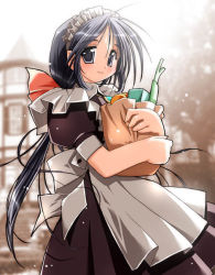 Rule 34 | apron, bow, food, grey eyes, long hair, maid, maid apron, snow, snowing, solo