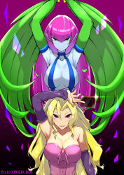 Rule 34 | 2girls, arm above head, armpits, bare shoulders, blonde hair, blue skin, breasts, bustier, card, cleavage, colored skin, commentary request, corset, detached sleeves, duel monster, feathers, green feathers, hair between eyes, harpie lady, harpie lady (normal monster), harpie lady 1, highres, kujaku mai, large breasts, long hair, looking at viewer, multiple girls, pointy ears, purple eyes, purple hair, smile, sparkle, strapless, upper body, wan ban, yu-gi-oh!, yu-gi-oh! duel monsters