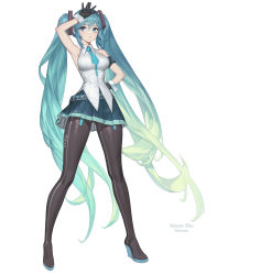 Rule 34 | 1girl, absurdres, aqua hair, armband, armpits, bare shoulders, belt, black gloves, black legwear, blue eyes, breasts, character name, full body, gloves, hand on own hip, hatsune miku, highres, ki min-woo, long hair, looking at viewer, necktie, parted lips, pleated skirt, simple background, skirt, sleeveless, solo, twintails, very long hair, vocaloid, white background