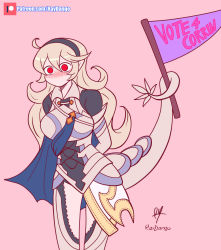 Rule 34 | 1girl, arms behind back, blush, corrin (female) (fire emblem), corrin (fire emblem), dragon tail, fire emblem, flag, highres, nintendo, no mouth, raydango, red eyes, sign, solo, tail, tail hold, thighs