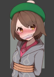 1girl absurdres bdsm beret blush bondage bound brown_eyes brown_hair creatures_(company) eyebrows gag gagged game_freak gloria_(pokemon) hat highres matching_hair/eyes nintendo pokemon pokemon_swsh rope rotogaki shirt short_hair solo sweater