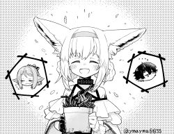 Rule 34 | 1boy, 2girls, :d, ^ ^, animal ears, arknights, asymmetrical gloves, bare shoulders, bow, braid, closed eyes, clothing cutout, collar, closed eyes, facing viewer, flamebringer (arknights), fox ears, fox girl, gloves, greyscale, hair bow, hairband, halftone, hands up, highres, holding, holding plant, infection monitor (arknights), long hair, mismatched gloves, monochrome, multiple girls, open mouth, perfumer (arknights), plant, ponytail, potted plant, shoulder cutout, smile, spoken character, striped, striped bow, suzuran (arknights), twitter username, upper body, yom (ymayma00ss)