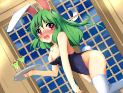 Rule 34 | 1girl, animal ears, bare shoulders, blush, breasts, cleavage, cocktail, crescent moon, drink, dutch angle, fake animal ears, glass, green hair, groin, happy, heart, heart-shaped pupils, holding, hoshizuki (seigetsu), large breasts, legs, leotard, long hair, looking at viewer, moon, night, night sky, open mouth, original, playboy bunny, rabbit ears, rabbit tail, red eyes, sky, smile, solo, symbol-shaped pupils, tail, thighhighs, tray, white thighhighs, window