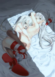 Rule 34 | 10s, 2girls, amatsukaze (kancolle), ass, ass grab, azame00, bed sheet, blurry, breasts, brown eyes, brown legwear, commentary request, depth of field, hair tubes, hands on ass, high heels, highres, hug, indoors, kantai collection, leg between thighs, long hair, looking at viewer, lying, multiple girls, nude, on side, pillow, revision, shadow, shimakaze (kancolle), silver hair, small breasts, striped clothes, striped legwear, striped thighhighs, thighhighs, yellow eyes, yuri