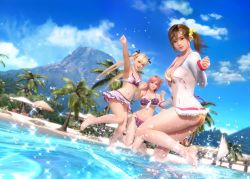 Rule 34 | 3d, 3girls, arm up, ass, barefoot, beach, bikini, bikini skirt, blonde hair, blue sky, breasts, brown eyes, cloud, cloudy sky, day, dead or alive, dead or alive xtreme, hair ornament, highres, holding hands, honoka (doa), interlocked fingers, jacket, jewelry, jumping, large breasts, lips, long hair, long sleeves, looking at viewer, marie rose, medium breasts, misaki (doa), multiple girls, navel, necklace, official art, open clothes, open jacket, open mouth, palm tree, parted lips, pink hair, red eyes, see-through, side ponytail, sky, small breasts, smile, swimsuit, thighs, tree, twintails, water, water drop