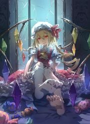 Rule 34 | 1girl, ascot, barefoot, blonde hair, candy, crack, eyelashes, fang, fang out, feet, flandre scarlet, frilled skirt, frills, hat, hat ribbon, highres, indoors, looking at viewer, mob cap, no shoes, puffy short sleeves, puffy sleeves, red eyes, ribbon, shadow, short hair, short sleeves, side ponytail, single thighhigh, sitting, skirt, skirt set, smile, soles, solo, thighhighs, thighhighs pull, toes, touhou, window, wings, yuiko (yuiko33miao)