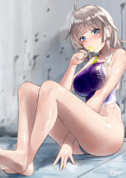 Rule 34 | 1girl, ass, bare shoulders, blue eyes, blush, breasts, character request, competition swimsuit, female focus, large breasts, looking at viewer, one-piece swimsuit, purple one-piece swimsuit, shirosaba, short hair, sitting, solo, swimsuit, white hair