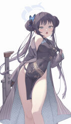 Rule 34 | 1girl, absurdres, bare legs, bare shoulders, black dress, black hair, blue archive, breasts, butterfly hair ornament, china dress, chinese clothes, coat, coat on shoulders, contrapposto, covered navel, cs/ls06, double bun, dragon print, dress, fang, feet out of frame, grey eyes, gun, hair bun, hair ornament, halo, highres, kisaki (blue archive), long hair, looking at viewer, medium breasts, midori xu, open mouth, pelvic curtain, pinstripe jacket, pinstripe pattern, print dress, side slit, simple background, sleeveless, sleeveless dress, solo, striped, striped coat, submachine gun, vertical-striped coat, very long hair, weapon