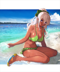 Rule 34 | 1girl, beach, bikini, bow, breasts, cleavage, dark-skinned female, dark skin, green bikini, green bow, hair between eyes, hair bow, highres, large breasts, letterboxed, long hair, looking at viewer, looking to the side, mole, mole on breast, mole under eye, ocean, open mouth, original, outside border, pupps, purple eyes, sandals, seiza, sitting, smile, solo, summer, swimsuit, white hair