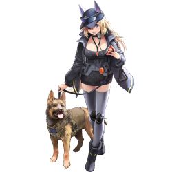 Rule 34 | 1girl, animal ears, baseball cap, blonde hair, blue eyes, boots, breasts, camouflage, can, cleavage, dog, dog ears, dress, eyewear on head, fangs, full body, game cg, girls&#039; frontline, girls&#039; frontline neural cloud, hat, highres, jacket, large breasts, leash, long hair, looking at viewer, m500 (girls&#039; frontline), mechanical legs, official art, one eye closed, open clothes, open jacket, open mouth, pet food, smile, solo, sunglasses, thighhighs, transparent background, whistle, whistle around neck, zettai ryouiki