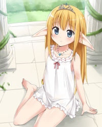 Rule 34 | 1girl, bad id, bad pixiv id, barefoot, blonde hair, blue eyes, blush, chemise, column, elf, jewelry, long hair, long pointy ears, looking at viewer, mousou (mousou temporary), necklace, original, pillar, plant, pointy ears, sitting, solo, tiara, vines