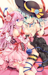 Rule 34 | 2girls, :o, bare shoulders, black bow, black hat, blue flower, blue gemstone, blue rose, blush, bow, bowler hat, bowtie, breasts, breasts out, bridal garter, choker, cleavage, collarbone, colored eyelashes, convenient censoring, cross-laced clothes, detached sleeves, dress, eyebrows, flower, fox mask, frills, gem, grabbing, grabbing another&#039;s breast, green eyes, green hair, hair between eyes, hair bow, hair censor, hair flower, hair ornament, hand on another&#039;s face, hat, hat bow, hat ribbon, hata no kokoro, heart, heart-shaped pupils, highres, hug, jewelry, komeiji koishi, lips, long sleeves, looking at viewer, lying, mask, maturiuta sorato, multiple girls, neck garter, no panties, on back, pendant, pillow, pink dress, pink eyes, pink hair, red bow, red bowtie, red flower, red rose, ribbon, rose, round teeth, short hair, sidelocks, small breasts, star (symbol), striped clothes, striped legwear, striped thighhighs, symbol-shaped pupils, tail, teeth, thighhighs, third eye, tongue, touhou, underwear, upper body, yuri