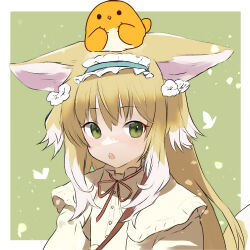 Rule 34 | 1girl, animal ears, arknights, bidiu (the legend of luoxiaohei), blonde hair, blue hairband, blush, cardigan, commentary request, crossover, dr.lamina, fox ears, fox girl, frilled hairband, frills, green background, green eyes, hair ornament, hair scrunchie, hairband, long hair, luo xiaohei zhanji, multicolored hair, neck ribbon, official alternate costume, on head, open cardigan, open clothes, open mouth, red ribbon, ribbon, scrunchie, shirt, solo, suzuran (arknights), suzuran (spring praise) (arknights), teeth, two-tone hair, upper body, upper teeth only, white hair, yellow cardigan, yellow shirt