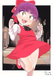 Rule 34 | 1girl, bow, dress, gegege no kitarou, gegege no kitarou 6, hair bow, indoors, legs together, looking at viewer, mizukane, nekomusume, nekomusume (gegege no kitarou 6), open mouth, pointy ears, purple hair, red bow, red dress, short hair, simple background, smile, solo, spoilers, tatami, white background, yellow eyes, aged down
