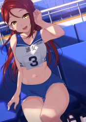 Rule 34 | 1girl, bare shoulders, bleachers, blush, breasts, clothes writing, collarbone, commentary request, crop top, day, gym shorts, hair between eyes, hair ornament, hairclip, highres, long hair, looking at viewer, love live!, love live! sunshine!!, medium breasts, midriff, navel, open mouth, outdoors, parted bangs, red hair, sakurauchi riko, shorts, sitting, smile, solo, sweat, track and field, track uniform, yamaori (yamaorimon), yellow eyes