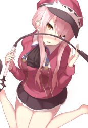 Rule 34 | 1girl, bare legs, black skirt, blush, brown eyes, fate/grand order, fate (series), from above, hands up, hat, highres, holding, ichijou (kr neru0), jacket, looking at viewer, medb (alluring chief warden look) (fate), medb (fate), miniskirt, open mouth, peaked cap, pink hair, short hair with long locks, sidelocks, simple background, sitting, skirt, solo, tsurime, uniform, wariza, whip, white background