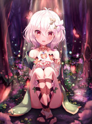 Rule 34 | 1girl, absurdres, antenna hair, ass, bare shoulders, blush, bug, butterfly, collarbone, commentary request, detached sleeves, dress, flower, forest, grass, hair between eyes, hair flower, hair ornament, haneiro, highres, insect, jewelry, kokkoro (princess connect!), long sleeves, looking at viewer, nature, off shoulder, open mouth, outdoors, pink flower, pointy ears, princess connect!, red eyes, ribbon, sandals, short hair, sitting, smile, solo, tree, white flower, white hair
