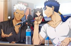 Rule 34 | 1girl, 2boys, akujiki59, alternate costume, anger vein, archer (fate), black shirt, blue hair, bottle, casual, cu chulainn (fate), cu chulainn (fate/stay night), dark-skinned male, dark skin, fate/stay night, fate (series), pectoral cleavage, male focus, microphone, multiple boys, official style, partially unbuttoned, pectorals, pen, ponytail, red eyes, shirt, short hair, spiked hair, tohsaka rin, toned, toned male, upper body, white hair, white shirt