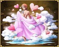 Rule 34 | 1girl, backboob, bare back, bare shoulders, breasts, heart, nami (one piece), official art, one piece, one piece: treasure cruise, orange hair, solo, steam