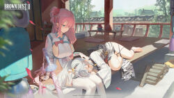 Rule 34 | 2girls, absurdres, ahoge, animal print, bamboo, barefoot, blue eyes, breasts, brown dust 2, closed mouth, coffee table, copyright name, cup, dress, eyebrows hidden by hair, flower, groin, hair flower, hair ornament, hair over one eye, hand on another&#039;s head, highres, lap pillow, large breasts, light smile, long hair, looking at another, looking down, lying, multiple girls, no panties, official art, on side, pelvic curtain, pink hair, ponytail, red flower, second-party source, sheath, sheathed, short hair, sideboob, sitting, sleeping, small breasts, smile, sword, sylvia (brown dust), table, teacup, teapot, thigh strap, thighhighs, tiger print, very long hair, weapon, white dress, white hair, white thighhighs, xi xeong, yuri (brown dust)