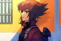 Rule 34 | 1boy, brown eyes, brown hair, duel academy uniform (yu-gi-oh! gx), from side, hair between eyes, jacket, looking at viewer, male focus, mikami (mkm0v0), multicolored hair, open clothes, open jacket, shirt, short hair, smile, solo, two-tone hair, upper body, yu-gi-oh!, yu-gi-oh! gx, yuki judai