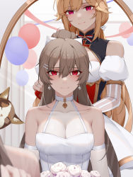 Rule 34 | 2girls, absurdres, alternate costume, azur lane, balloon, brushing hair, cat, commentary request, dress, earrings, elbow gloves, gloves, highres, jean bart (azur lane), jewelry, long hair, looking at mirror, mirror, multiple girls, red eyes, richelieu (azur lane), see-through, sitting, white dress, wsfw