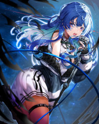 Rule 34 | 1girl, absurdres, black gloves, blue hair, blue jacket, blue nails, boots, bow, bowtie, colored inner hair, gloves, green bow, green bowtie, highres, holding, holding microphone, holding microphone stand, hololive, hoshimachi suisei, jacket, kinoko (shikimylove), looking at viewer, microphone, microphone stand, multicolored hair, nail polish, off shoulder, open clothes, open jacket, open mouth, pantyhose, partially fingerless gloves, purple eyes, shirt, sky, sleeveless, sleeveless shirt, solo, star (sky), starry sky, thigh strap, virtual youtuber, white background, white shirt