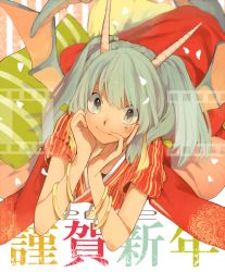 Rule 34 | 10s, 1girl, 2012, bracelet, face, green eyes, green hair, hand on own face, head rest, horns, japanese clothes, jewelry, matching hair/eyes, muraichi, new year, original, smile, solo, symbol-shaped pupils, wings