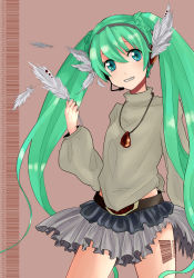 Rule 34 | 1girl, aqua eyes, bad id, bad pixiv id, barcode, feathers, female focus, green hair, grin, hatsune miku, headphones, headset, jewelry, long hair, necklace, r m t s, skirt, smile, solo, twintails, very long hair, vocaloid