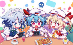 Rule 34 | !, 3girls, ascot, black tea, blonde hair, blue eyes, blue hair, blue vest, blush, braid, checkerboard cookie, collared shirt, cookie, crystal, cup, drink, drinking glass, eighth note, flandre scarlet, food, frilled shirt collar, frills, grey hair, handheld game console, hat, hat ribbon, highres, holding, holding handheld game console, izayoi sakuya, long hair, maid, maid headdress, mob cap, multiple girls, musical note, nintendo switch, one side up, open mouth, pudding, puffy short sleeves, puffy sleeves, red eyes, red ribbon, red vest, remilia scarlet, ribbon, shirt, short hair, short sleeves, siblings, sisters, skull, tea, touhou, twin braids, vest, white headwear, white shirt, wings, wrist cuffs, yamanakaume, yellow ascot